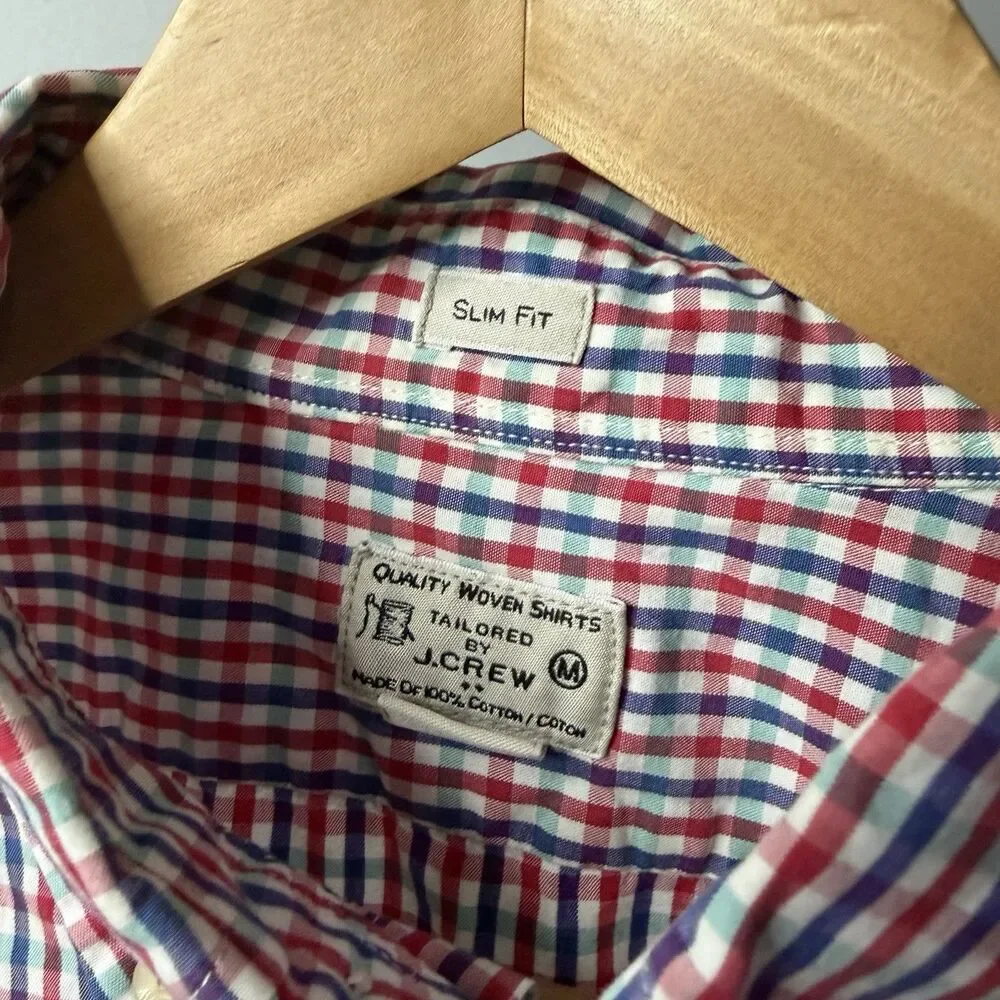J. Crew Red, White, & Blue Gingham Cotton Slim Button Up Dress Shirt Medium